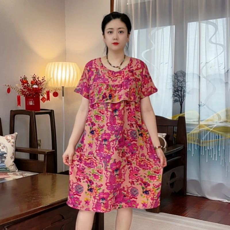 大码夏季新款棉绸气质碎花睡裙荷叶边宽松居家棉绸睡裙休闲中长款