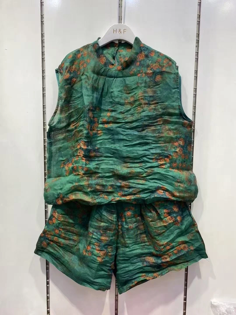 夏季女士百分百苎麻短裤套装