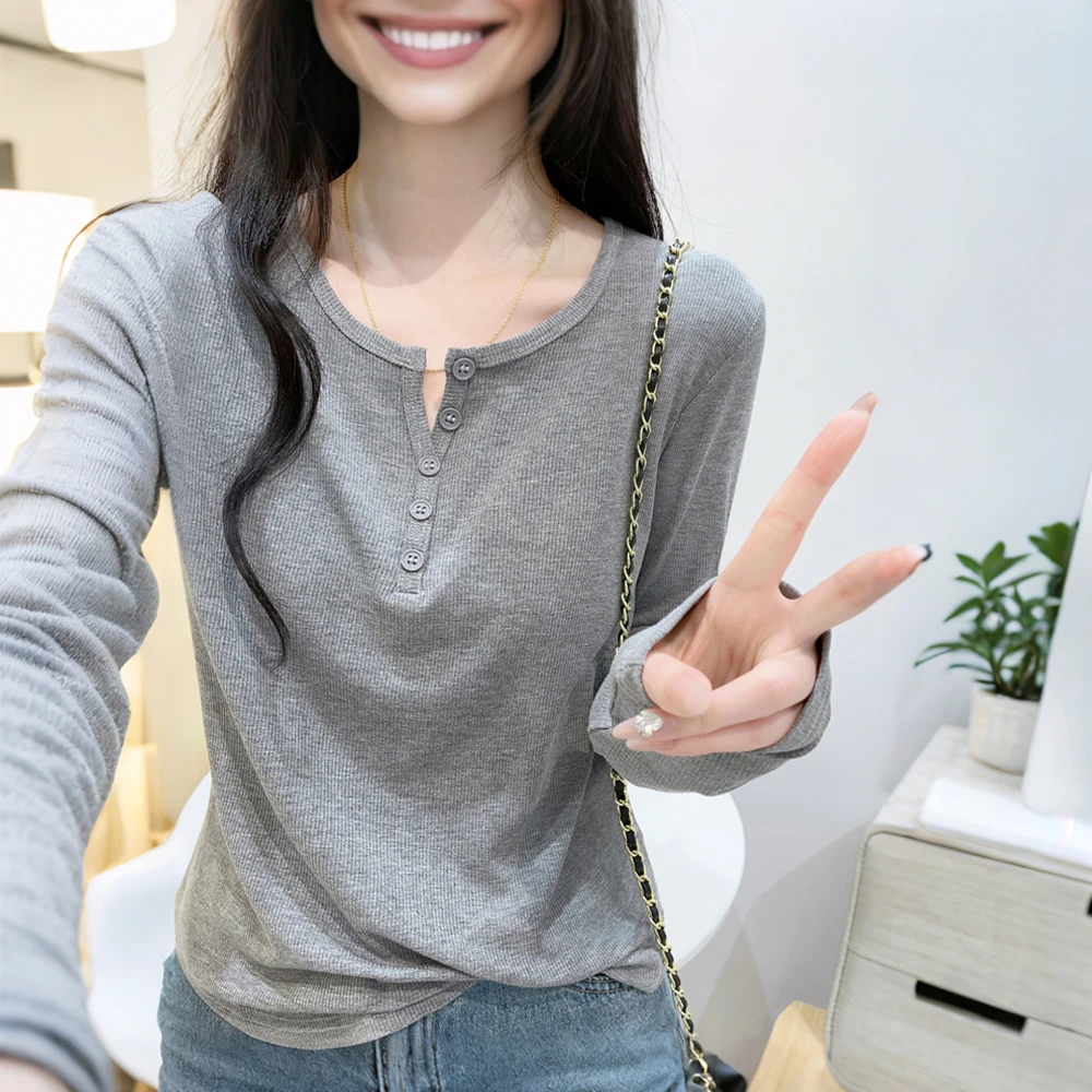 纯色螺纹半开领正肩长袖T恤女秋季修身显瘦休闲百搭洋气体恤上衣