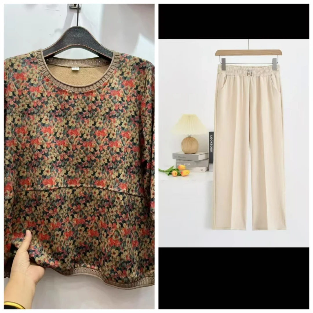 中老年春夏五分袖圆领套头针织宽松大码洋气T恤衫+九分裤一套