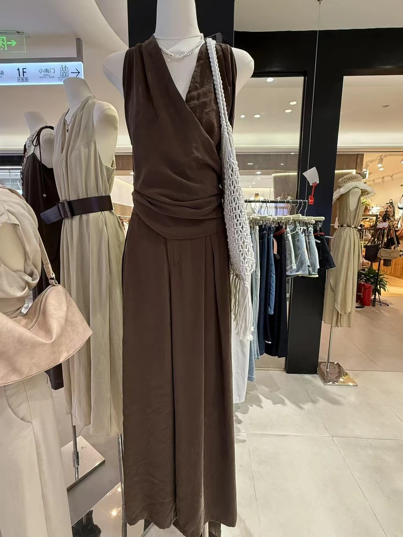 套装复古极简风交叉V领上衣与直筒高腰裤气质套装