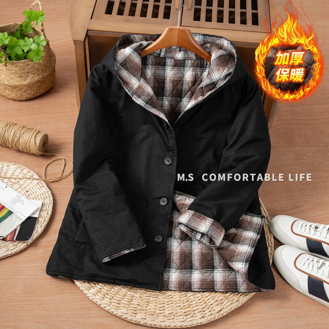 棉麻老吴 【连帽款】冬季新款男士格子里衬连帽保暖男棉衣棉服纽扣