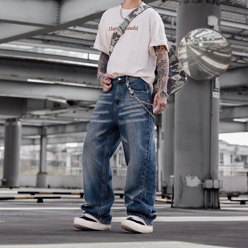 美式复古水洗蓝色牛仔裤男直筒宽松休闲裤街头痞帅百搭
