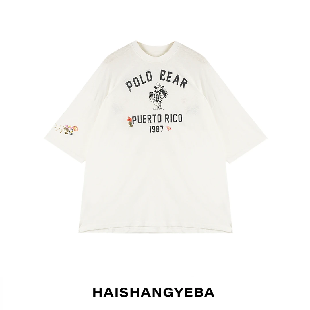 【海上叶爸】新款2025夏季百搭棉圆领字母卡通休闲T恤