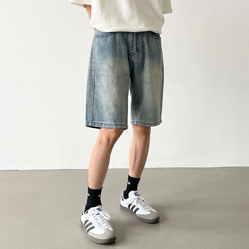 韩风水洗蓝夏季牛仔短裤男直筒宽松潮流2025新款休闲五分牛仔裤