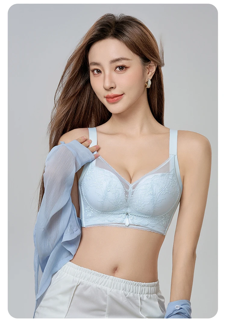 婷宝新款性感蕾丝内衣小胸聚拢立挺显大轻薄透气承托防下垂文胸罩