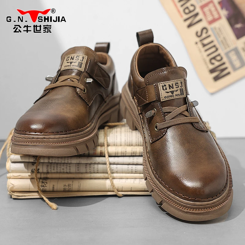 公牛世家工装男鞋秋冬英伦宽头休闲皮鞋秋季低帮户外复古马丁短靴
