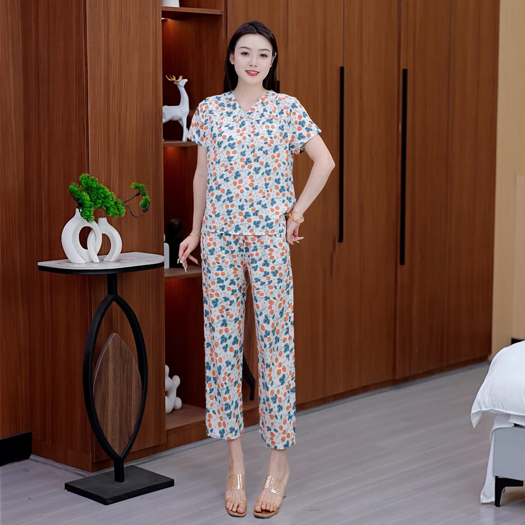 新款棉绸套装中老年妈妈装短袖长裤睡衣休闲居家服可外穿可外出