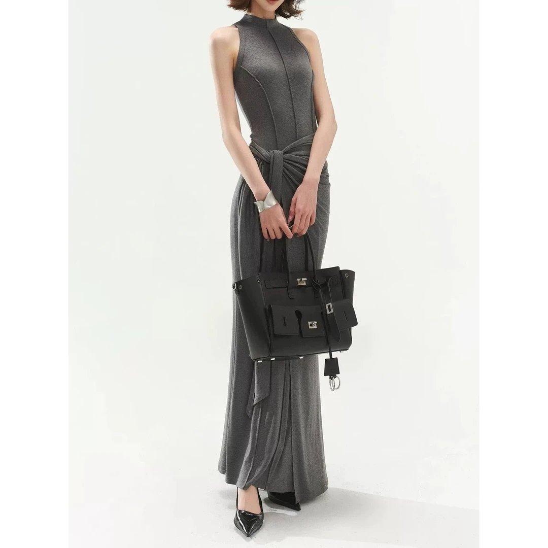 灰色辣妹假两件背心连衣裙女装夏季新款裙子系带收腰修身包臀长裙