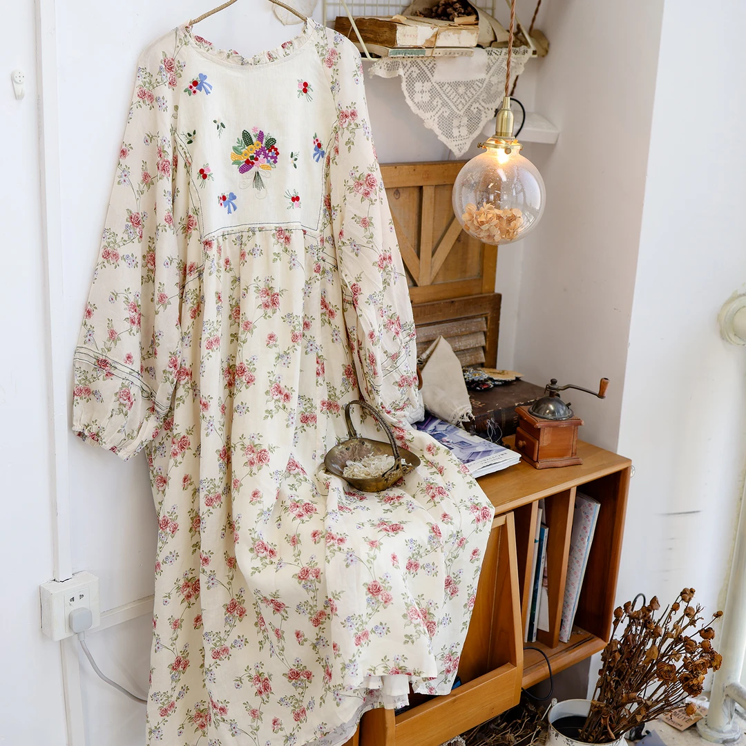 美村2025春夏女装新款日系法式甜美田园碎花中长款连衣裙显