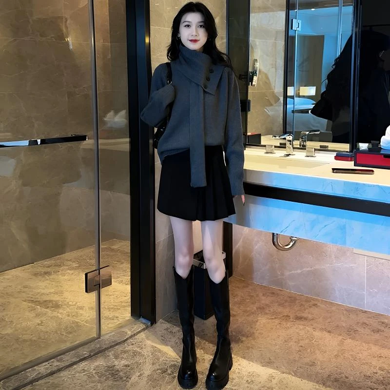 时尚套装女秋冬季新款可拆卸围巾今年流行加厚毛衣百褶短裙两件套