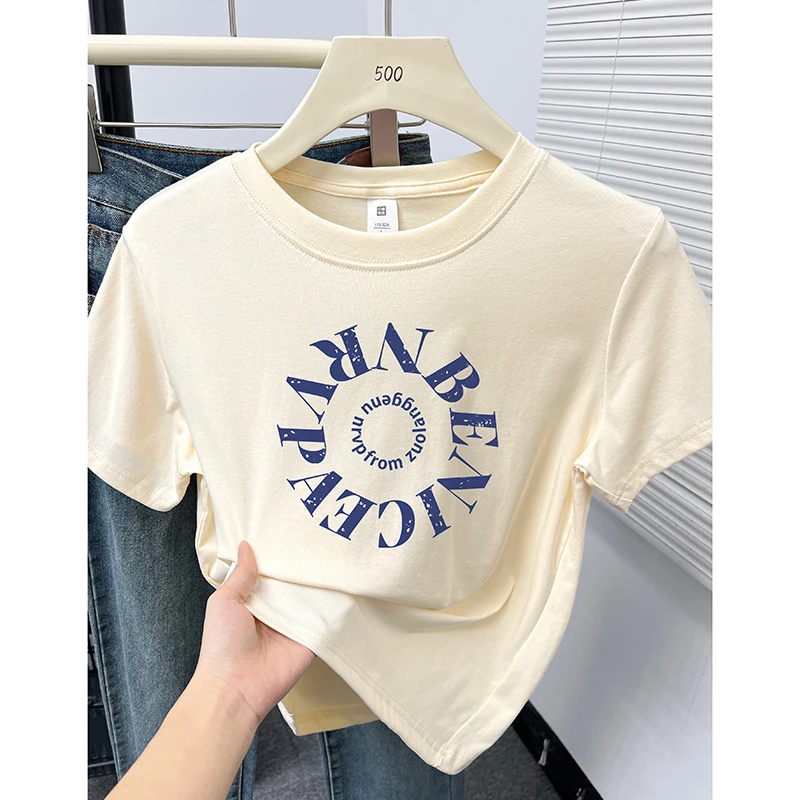 杏色圆领正肩短袖T恤女夏季新款韩版休闲百搭字母印花显瘦上衣潮