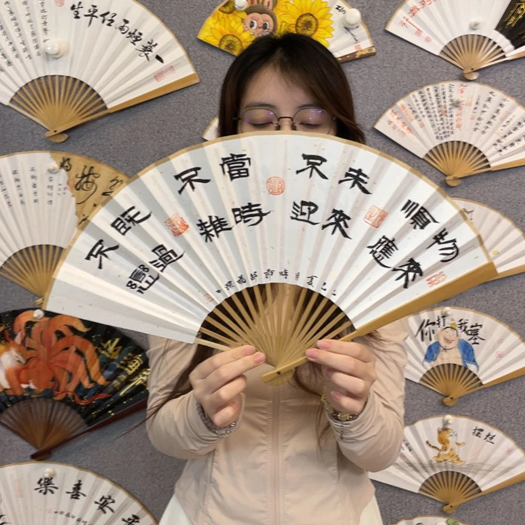 书法8寸玉竹-纯手绘-文玩扇骨（默认粘好）