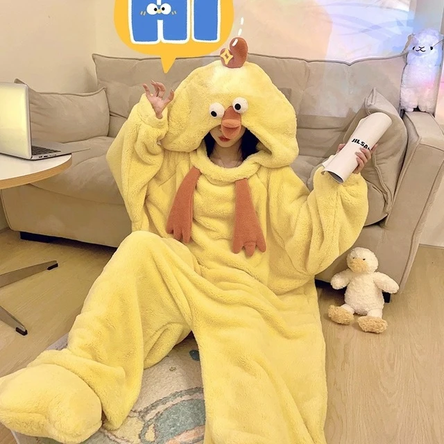 小黄鸡连体睡衣加绒加厚长款睡袍女卡通家居服可爱珊瑚绒冬季少女