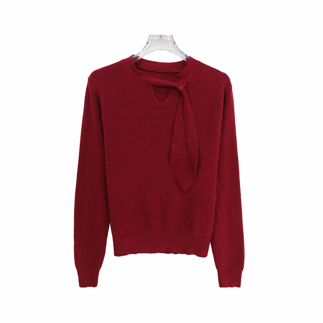 镂空小V领飘带针织毛衣秋冬洋气修身打底衫上衣X27887