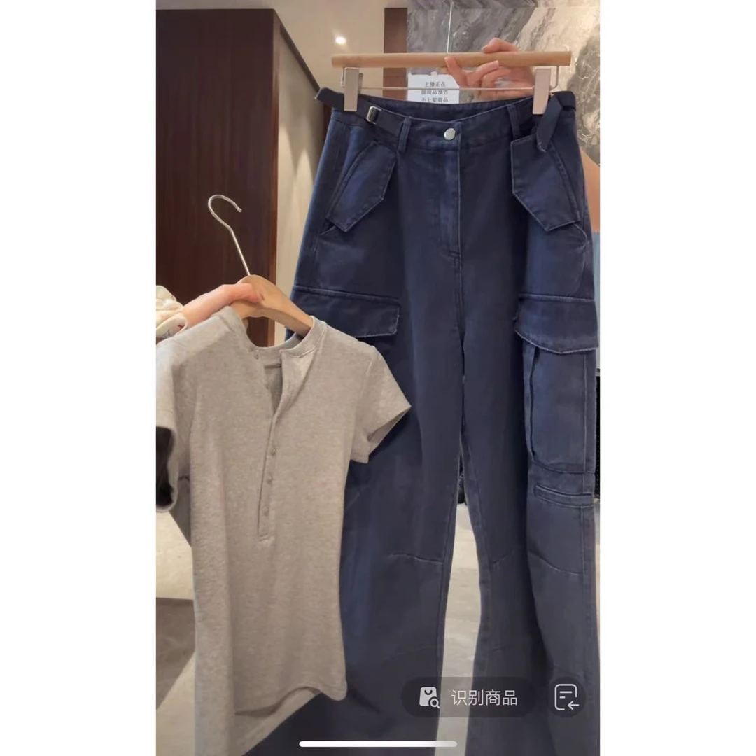 徐秋阳  肌理蓝调工装裤  春夏新款百搭时尚显瘦休闲裤12807