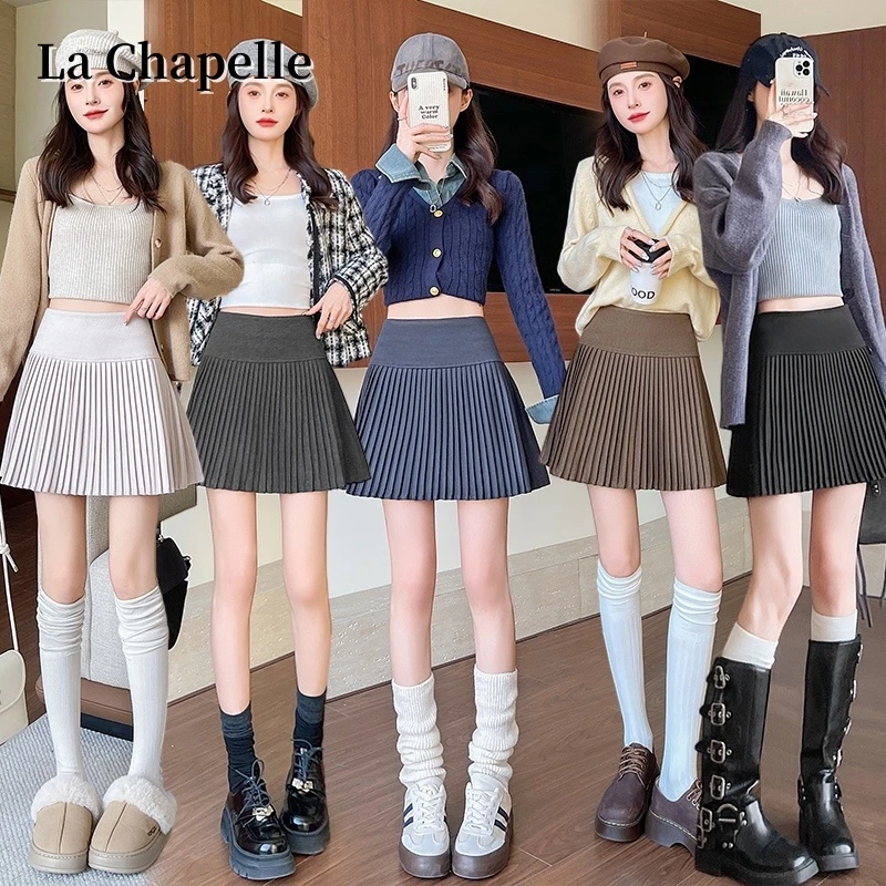 拉夏贝尔毛呢半身裙女秋冬细褶百褶裙高腰显瘦a字加厚半身短裙子