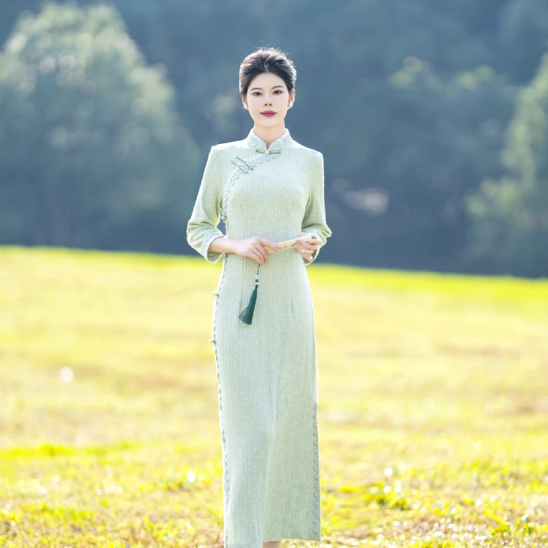 0315浅绿色七分袖春秋中国风旗袍新中式优雅显瘦气质连衣裙修身