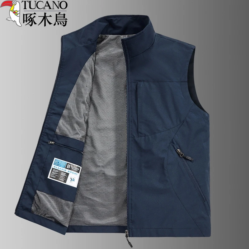啄木鸟男春季多口袋工装大码男宽松立领马甲户外运动垂钓速干背心