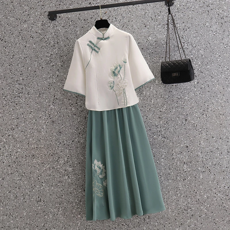 魅力无限~中国风唐装改良日常旗袍七分袖荷花刺绣立领盘扣裙套装