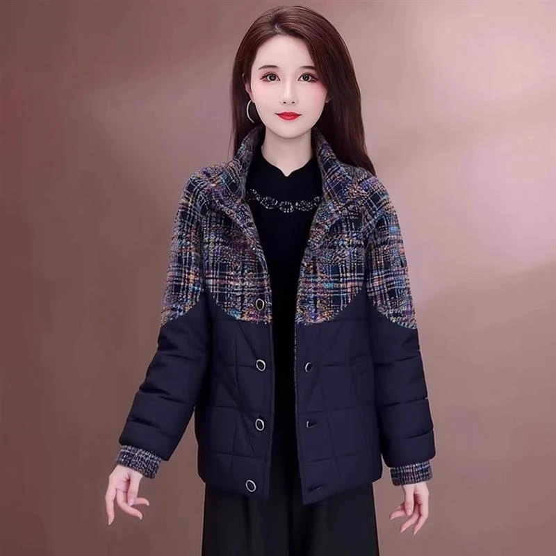 复古时尚拼接短款棉服外套女2025冬季新款妈妈装遮肉显瘦保暖上衣