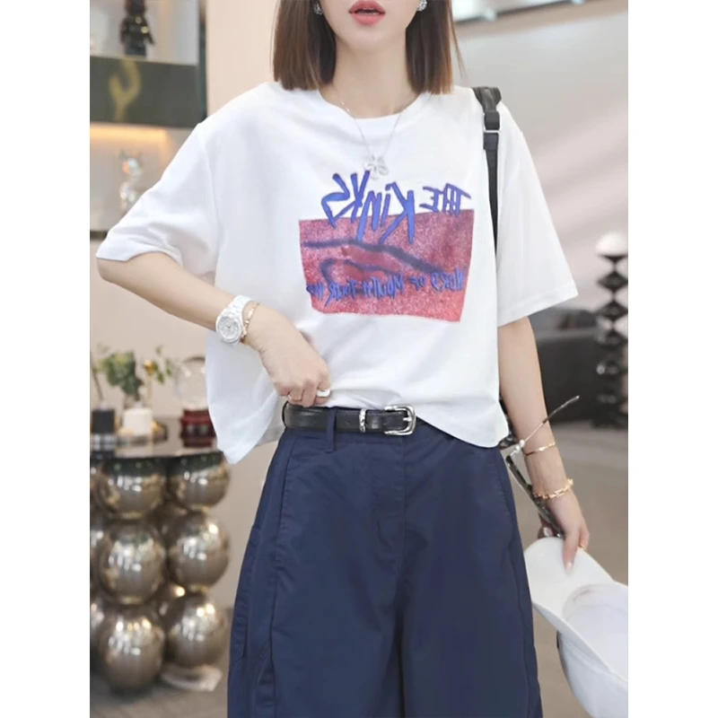 设计感字母印花正肩短袖t恤女2025夏季新款时尚宽松休闲百搭上衣
