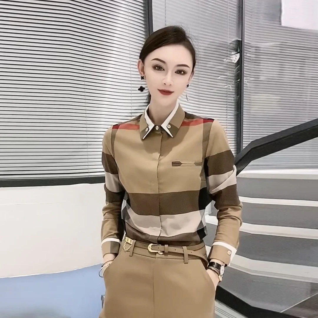 秋春新款欧洲站女装上衣条纹长袖高端衬衣翻领修身休闲百搭衬衫潮
