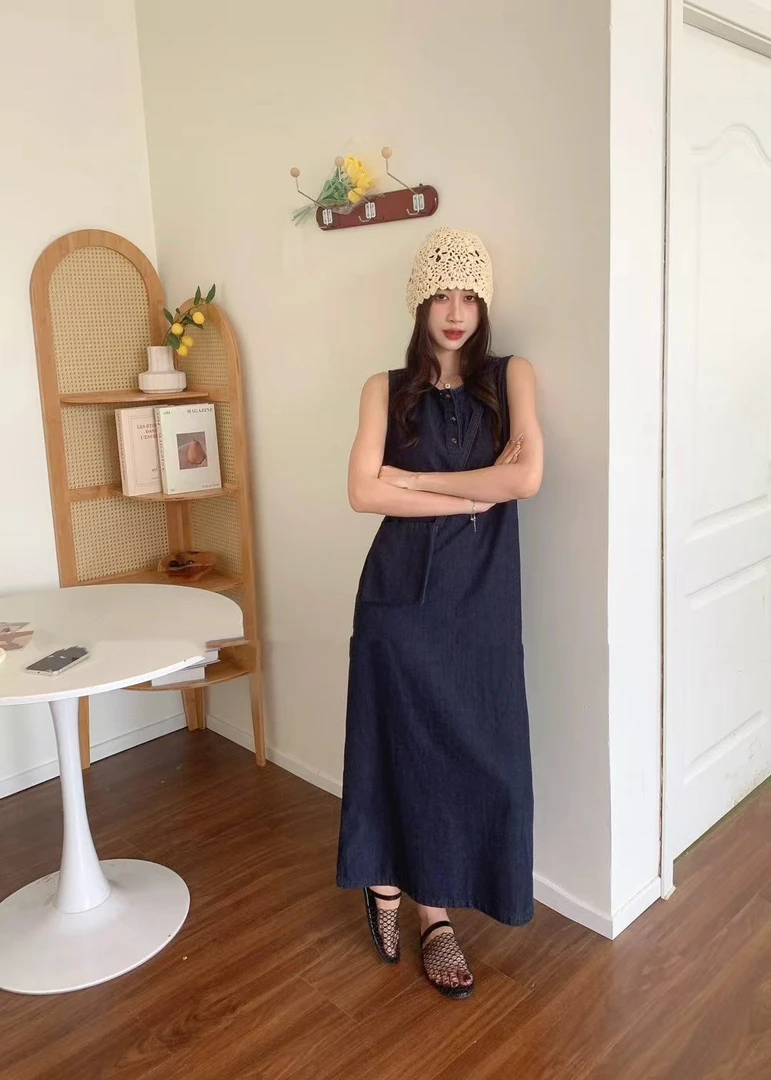 【牛仔主义】夏季无袖宽松显瘦遮肚慵懒风长裙