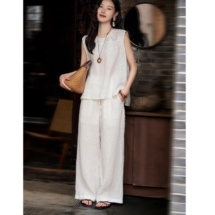 素净雅致亚麻套装休闲阔腿长裤子镂空刺绣蕾丝拼接无袖衬衫女夏季