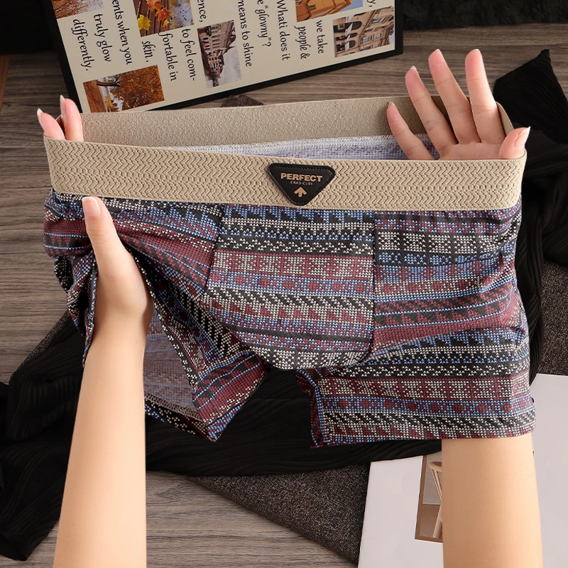 复古棉质印花男士内裤时尚潮流平角裤男式男款个性透气四角短裤衩