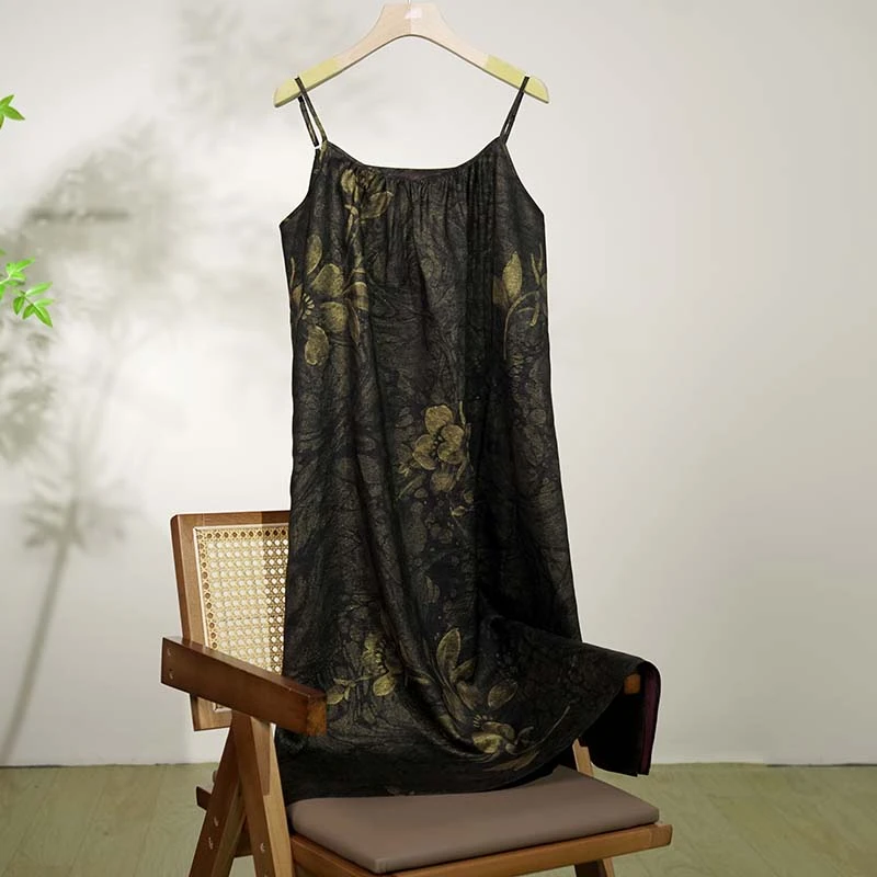 桑蚕丝墨池鎏金无袖高定轻盈舒适露背性感显瘦吊带连衣裙LW  1287