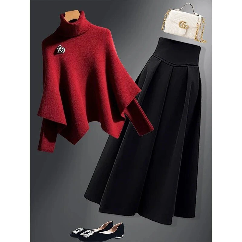 气质别致保暖斗篷毛衣女2024冬高级感超好看半身裙洋气时尚两件套