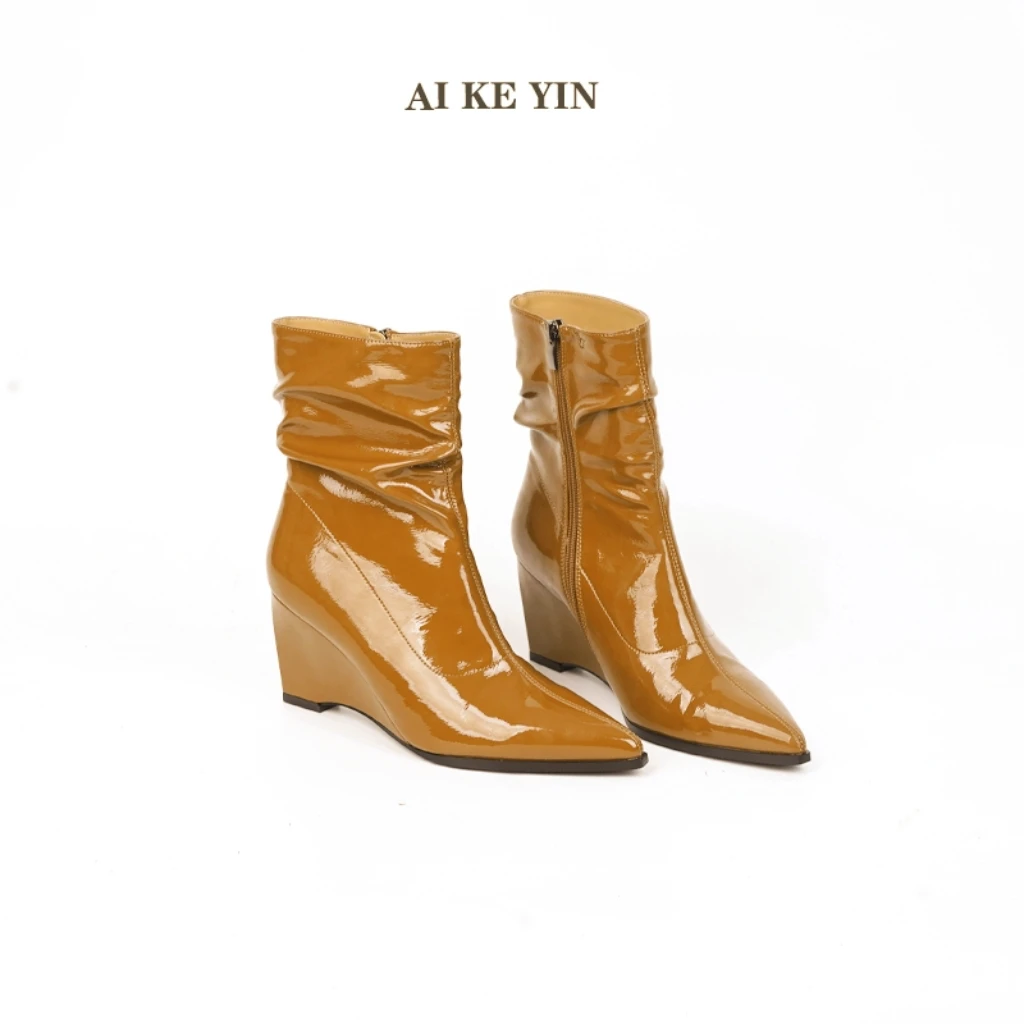 【艾珂茵】秋冬新款尖头气质百搭侧拉链坡跟时装堆堆短靴坡跟时尚