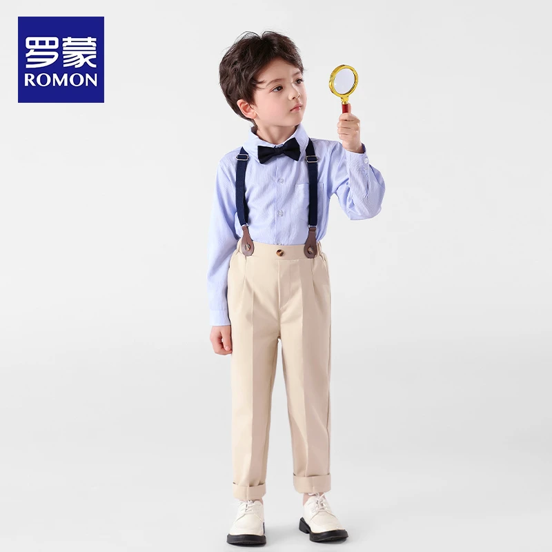 罗蒙儿童背带套装男童西装周岁礼服套装英伦风宝宝长裤演出服洋气