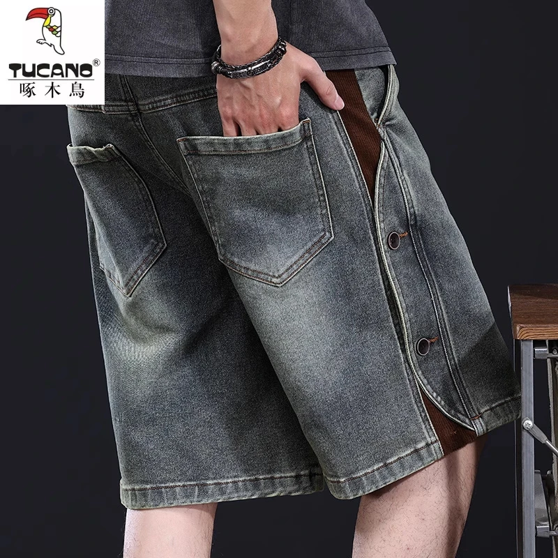 复古工装短裤男2025新款潮流宽松直筒中裤高街个性拼接牛仔五分裤