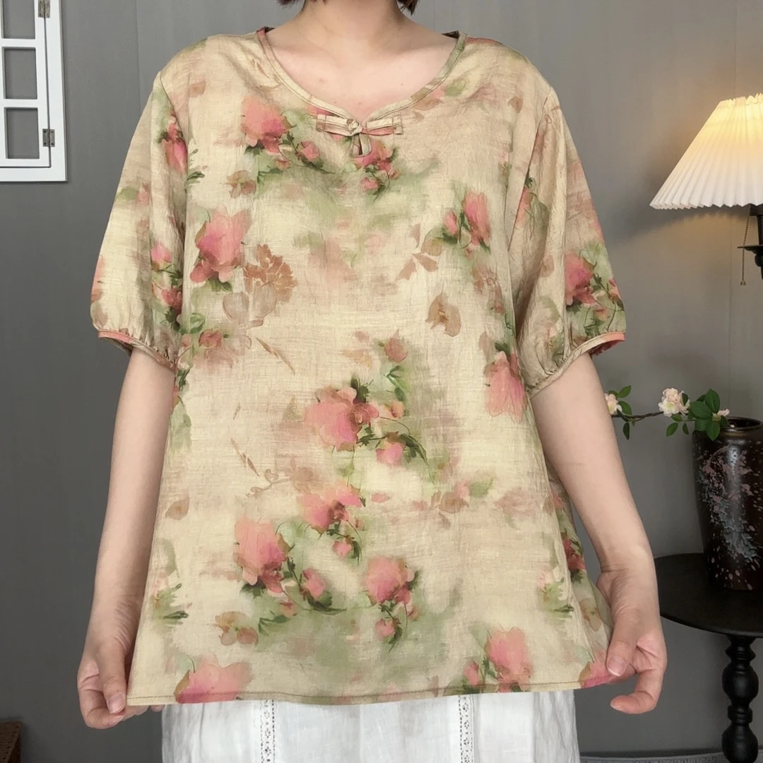 Y871夏季透气凉感国风气质碎花套头一盘扣丝麻小衫女短袖时尚