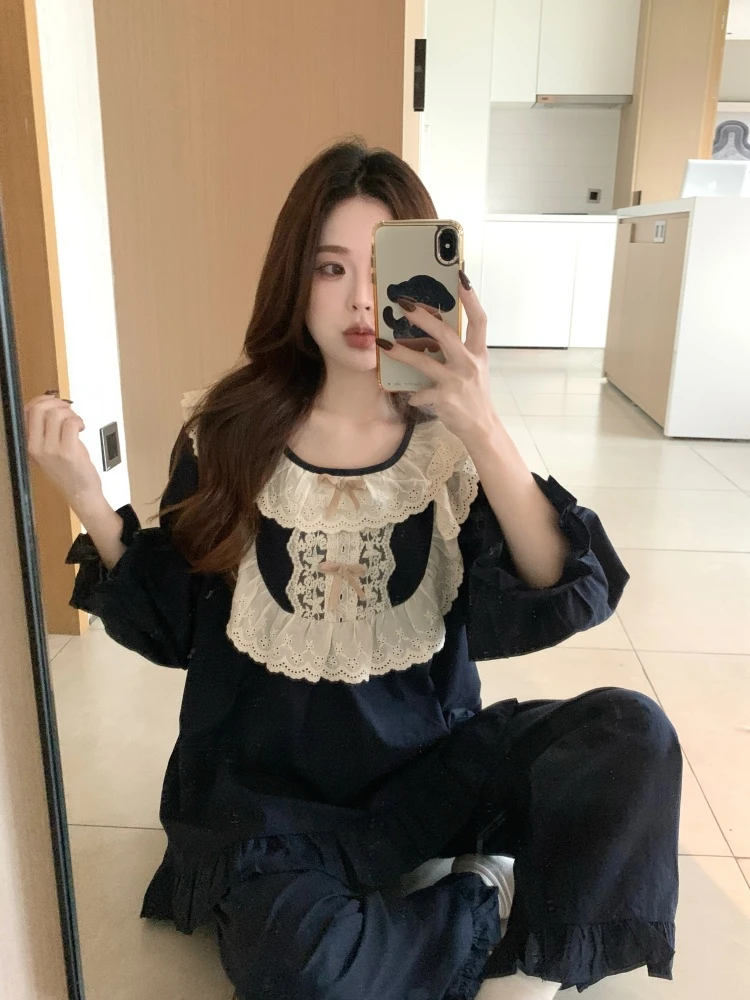 韩版甜美公主风重工蕾丝花边全棉布纯色睡衣女秋季新款家居服套装