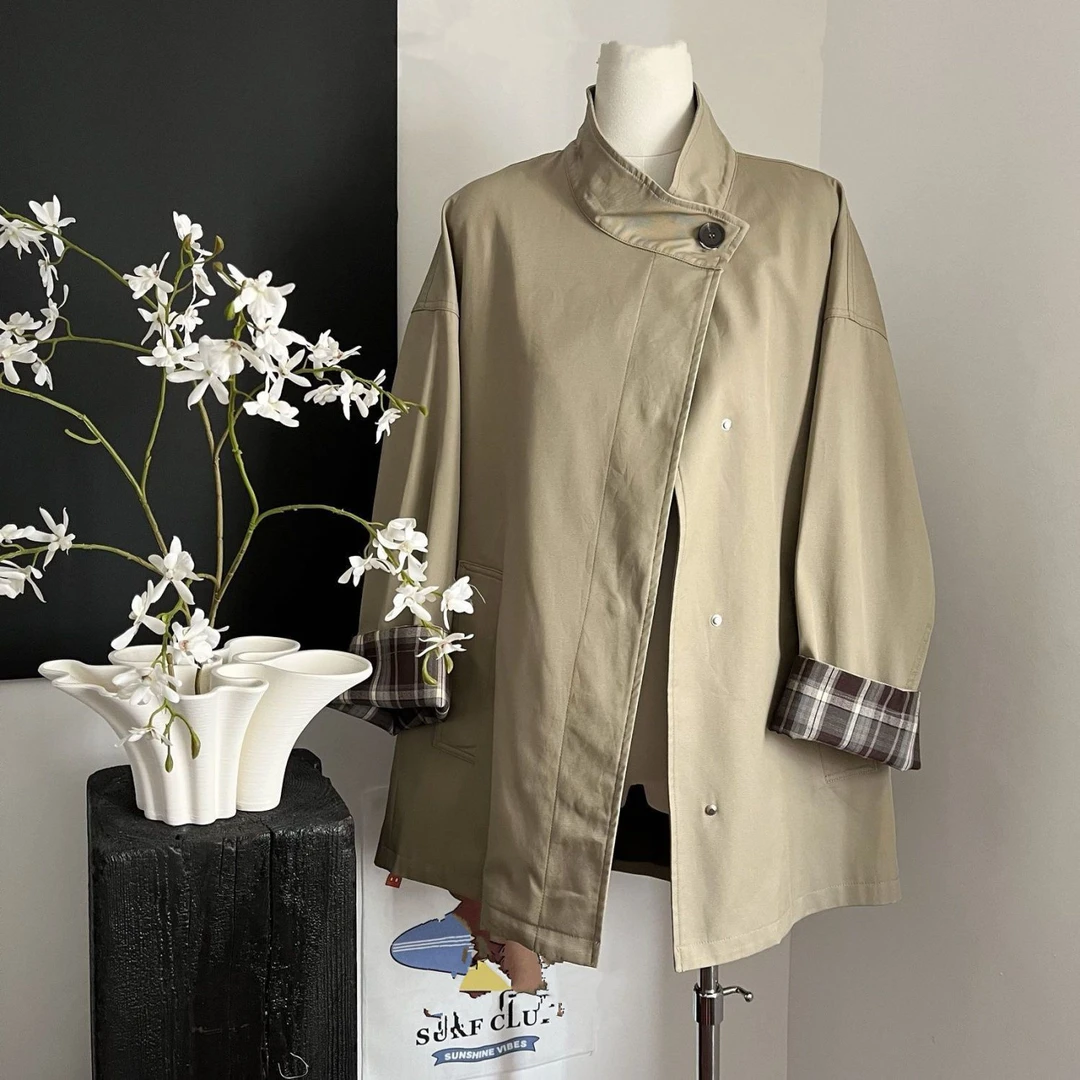 【欧若风】2025春秋新款设计感撞色风衣外套英伦风显瘦宽松洋气时尚