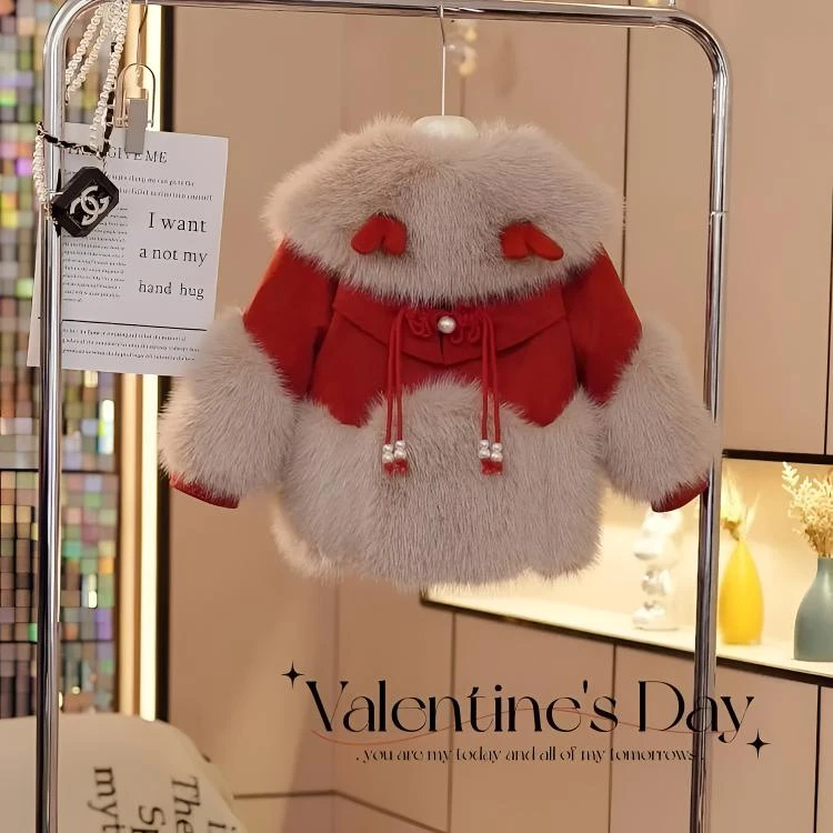 2025新款女童冬款红色加绒派克服外套儿童冬装保暖洋气加厚仿皮草