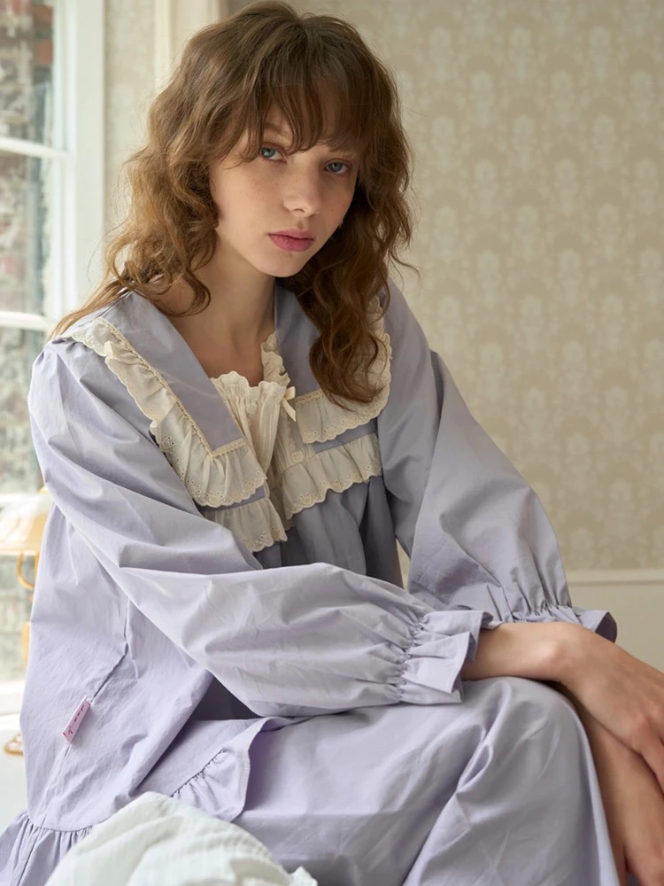 【树下优品】韩国UL家/甜美蕾丝花边方领长袖家居服套装睡裙女24251