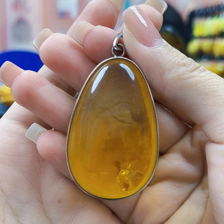 蜜蜡银S925镶嵌裸石吊坠