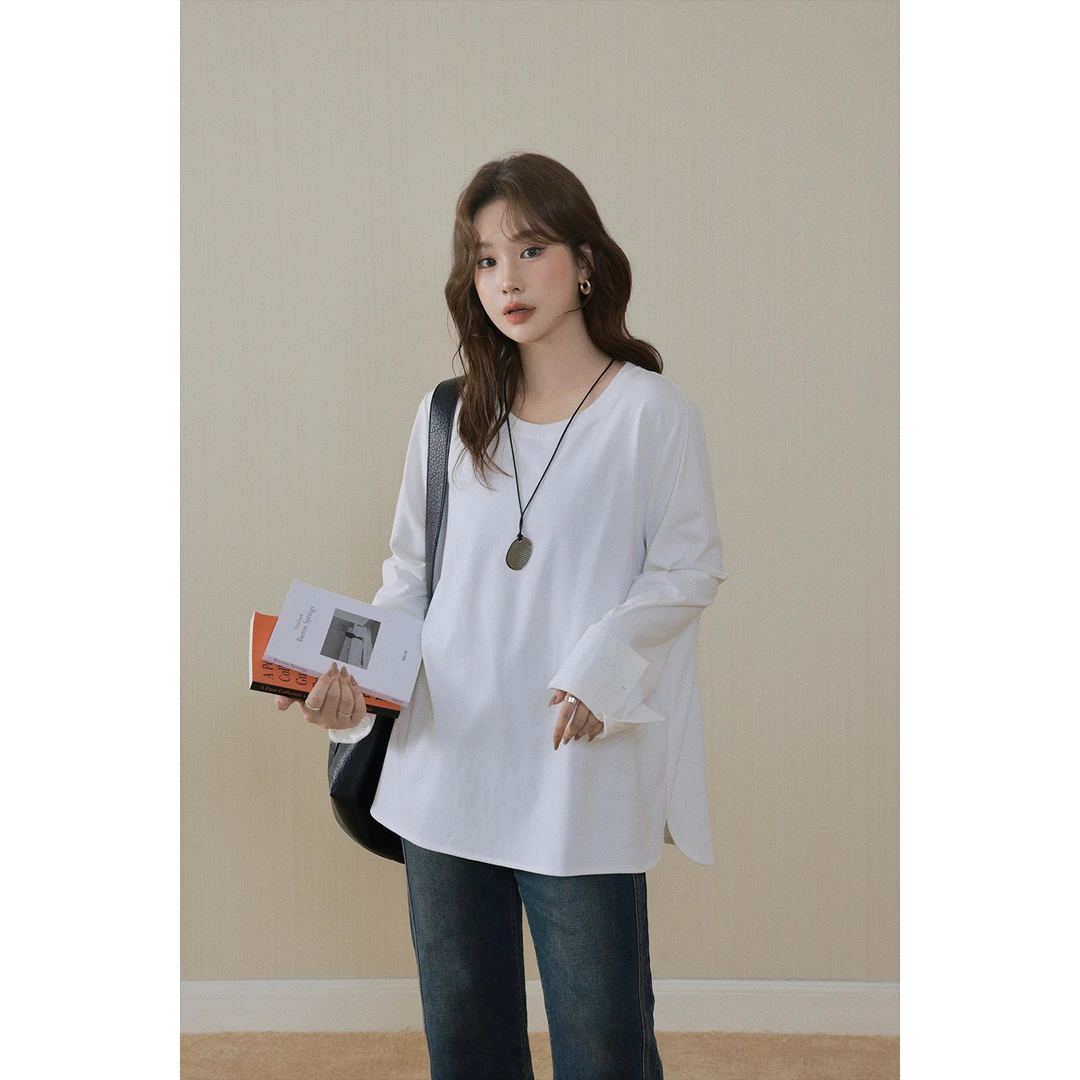 现货大婉酱微胖定制纯色百搭长袖T恤设计感翻边手袖秋季上衣9958D