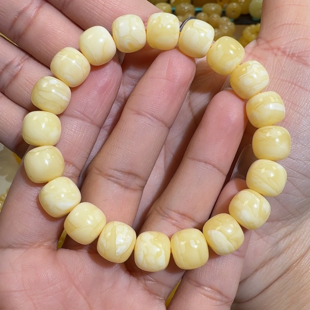 方***糖琥珀未镶嵌珠宝奇石11m焦皮同料老型白花蜡手串16.3