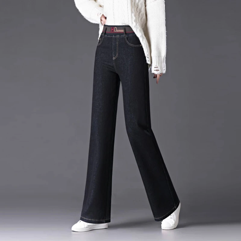 黑色牛仔裤微喇女秋冬加绒松紧腰中年女裤宽松妈妈女款阔腿裤裤子