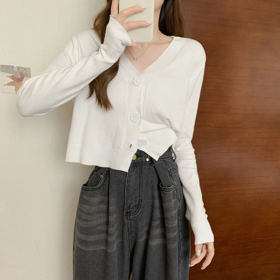 实价春款新款长袖针织衫女薄款v领短款针织开衫小外套上衣