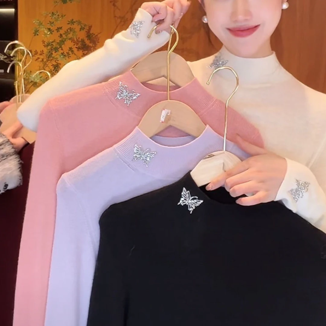 欧货蝴蝶烫钻半高领针织衫洋气薄款秋冬打底衫洋气百搭长袖内搭