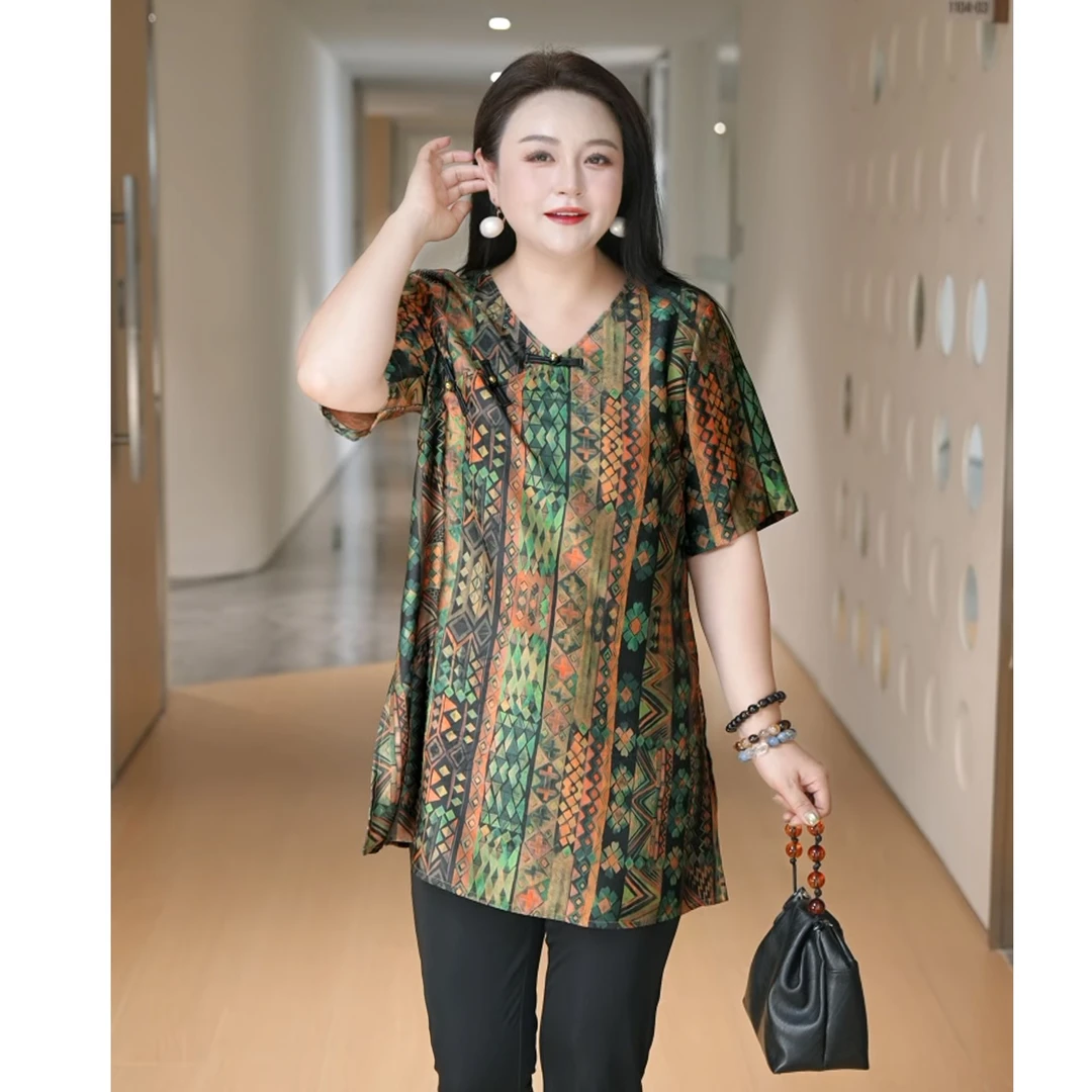 【国风系列香云翡翠】MsShe大码女装新中式盘扣短袖小衫J~B2507017