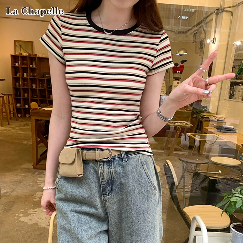 拉夏贝尔撞色条纹圆领正肩短袖t恤女2025夏季新款小众不撞款上衣