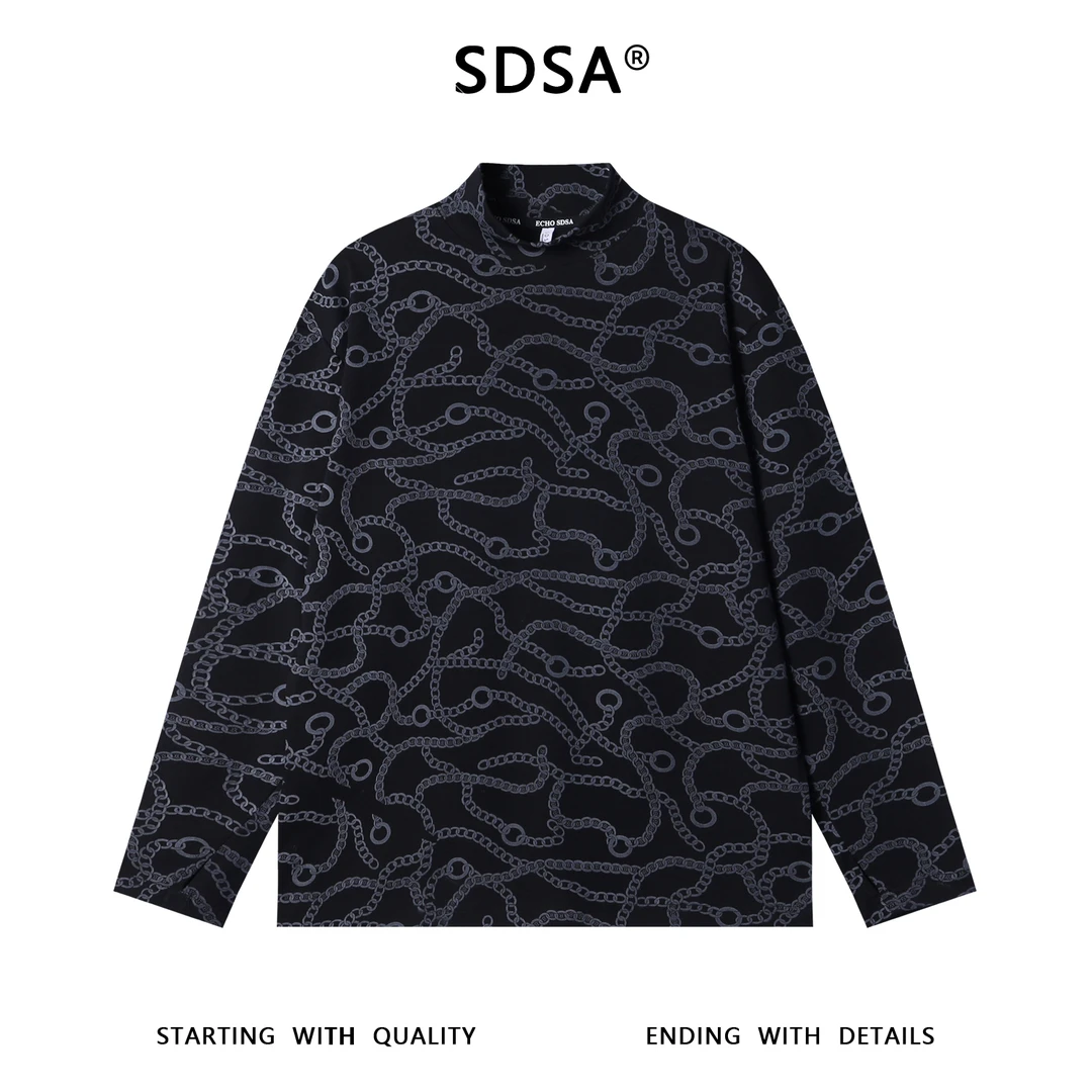 SDSA男士秋冬新款痞帅男装潮牌印花锁链半高领长袖T恤百搭打底衫