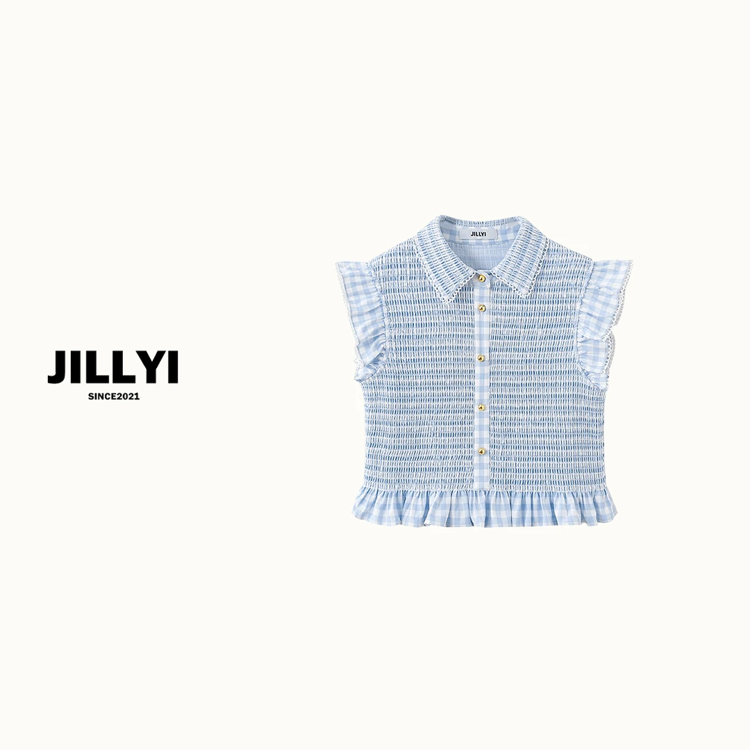jillyi【梦中海岸】蓝色条纹飞飞袖活泼气质时尚衬衫夏季韩版